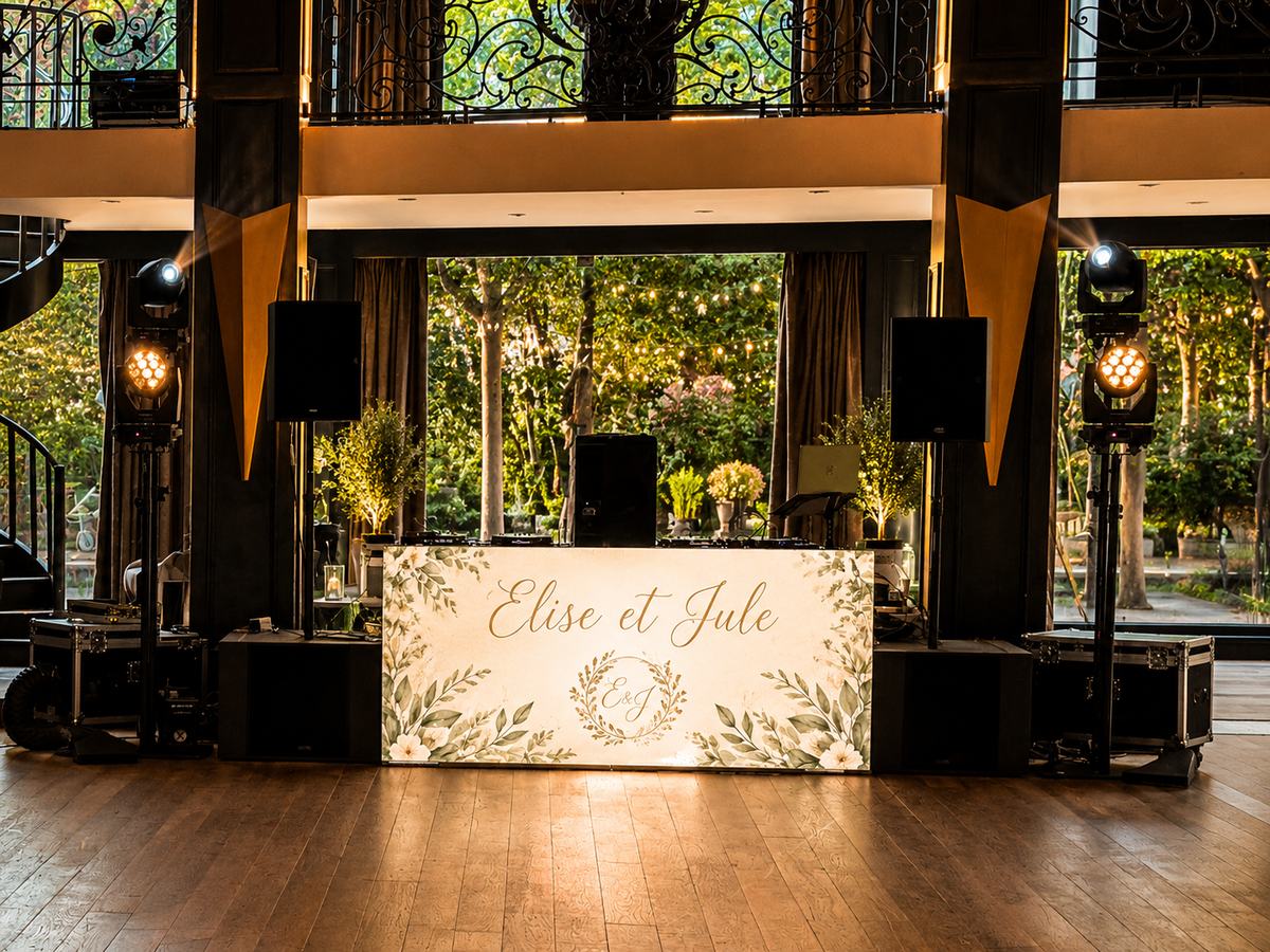 Façade de régie DJ personnalisée aux prénoms des mariés