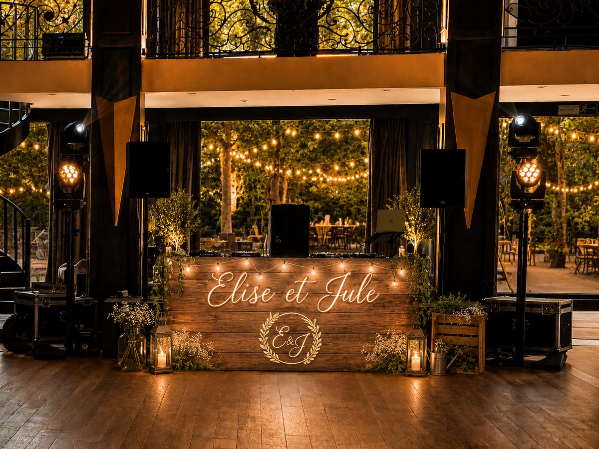 Façade de régie DJ personnalisée aux prénoms des mariés