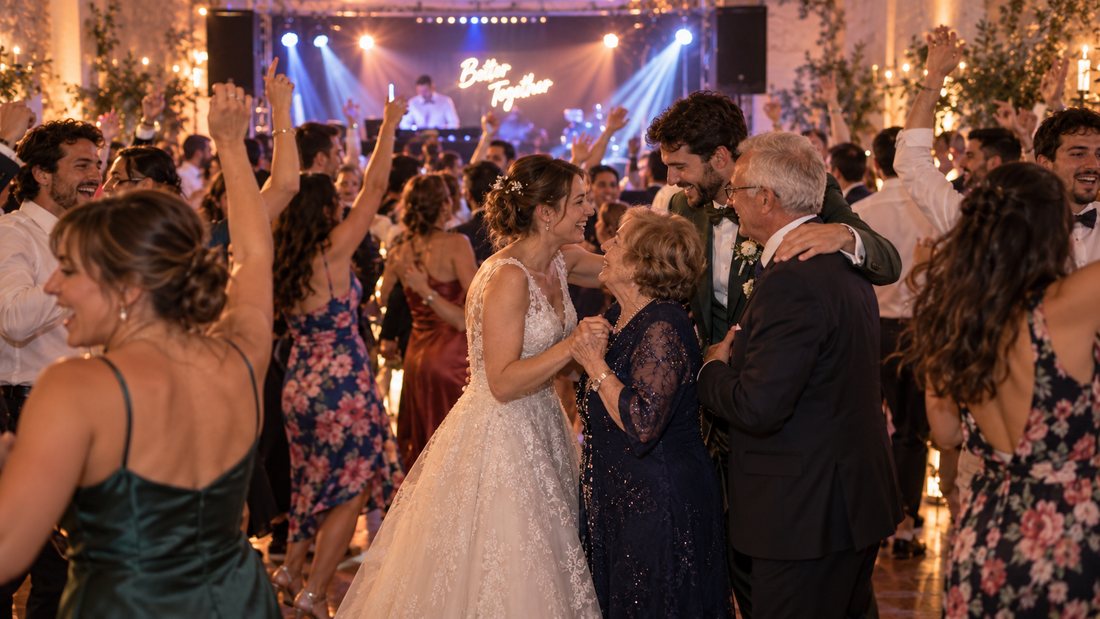 Illustration générée par IA : les mariés restent sur la piste de danse avec leurs proches, DJ mariage à Lille et dans le Nord-Pas-de-Calais