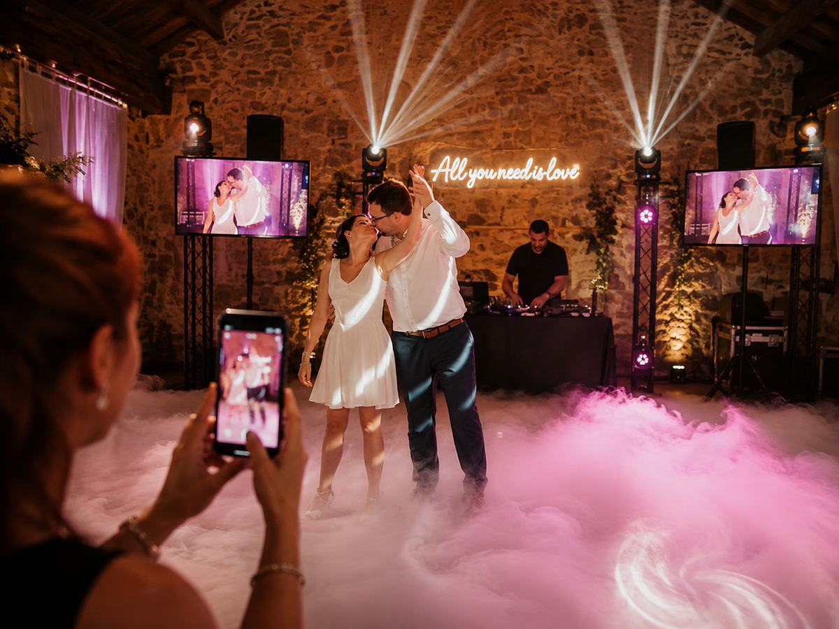 Invitée photographiant les mariés, option photosharing en direct